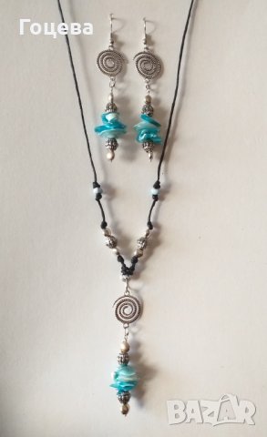 Страхотен Бохо комплект бижута с естествен седеф и орнаменти в цвят Сребро , снимка 2 - Бижутерийни комплекти - 33650468