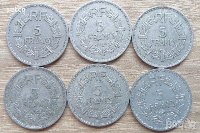Лот 6 броя по 5 франка  ФРАНЦИЯ 1945,46,47,48,49 И 1950 Г. л2, снимка 1 - Нумизматика и бонистика - 33687223