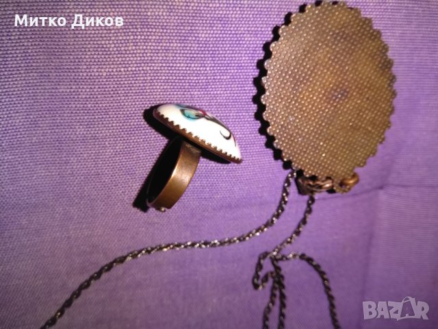 Колие  за врата в комплект с пръстен -мед и керамика ръчно рисувана, снимка 8 - Колиета, медальони, синджири - 26948153