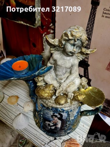 Уникален свещник или бижутерка от чайник ,миди и ангели Mermaid , снимка 3 - Декорация за дома - 38638110