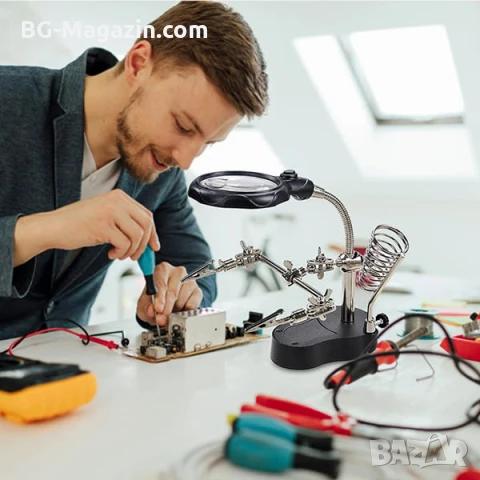 Мощна професионална настолна увеличителна лупа помощна ръка с LED осветление за запояване платки, снимка 12 - Поялници и запояване - 50921105