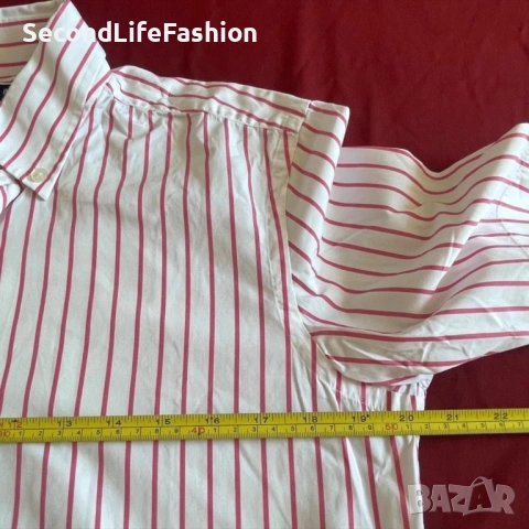 Мъжка риза BOSS с къс ръкав бяло/розово памук размер 38 М, снимка 5 - Ризи - 53119389