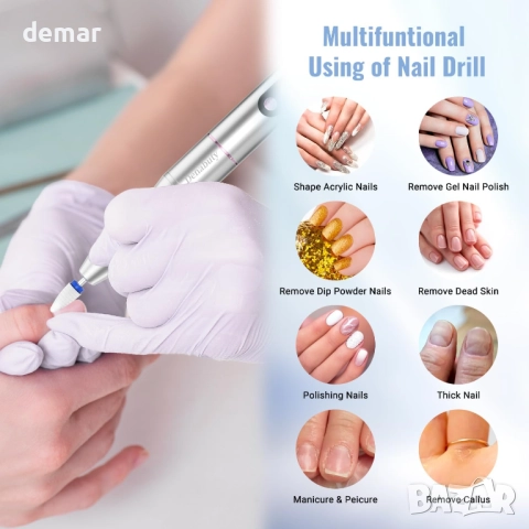 Denabuty комплект за маникюр - безжична електрическа пила и UV LED лампа, сребриста, снимка 8 - Продукти за маникюр - 51495350