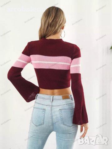 Дамски скъсен пуловер на контрастни райета, 3цвята - 023, снимка 2 - Блузи с дълъг ръкав и пуловери - 39096108