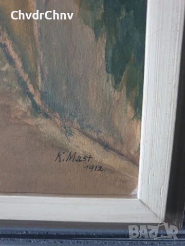 Чифт стари малки картини акварел върху картон/замъци/1912/картина в дървена рамка 41х31см, снимка 5 - Картини - 51192322