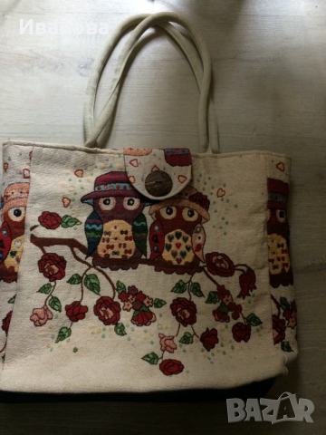 Голяма платняна чанта със совички., снимка 2 - Чанти - 53605387