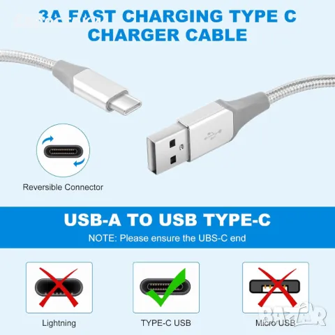 USB-C кабел 3A Бързо зареждане, 2 пакета (1метр+3 метра) USB A към тип C, снимка 3 - Селфи стикове, аксесоари - 49609914