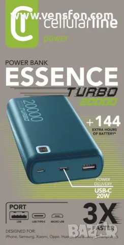 Външна батерия Cellularline ESSENCE Turbo PD 20000 mAh /зелена/, снимка 2 - Външни батерии - 49400720
