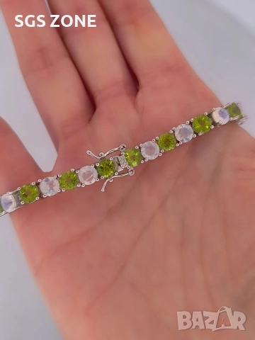 Сребърна гривна с родийно покритие, перидот и лунен камък, снимка 7 - Гривни - 52566116