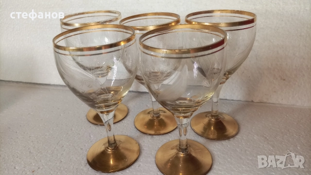 Страхотни чаши за вино или контцентрат, позлата, ръчна гравюра, столче, 5 бр