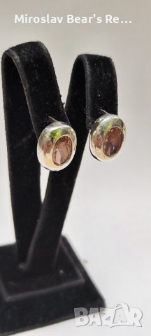 Сребърни обеци с естествен розов кварц - кабушон фасет , снимка 2 - Обеци - 43204575