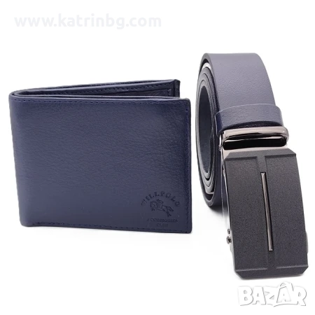 Мъжки комплект Will Polo – тъмносин колан с автоматична катарама и портфейл от естествена кожа