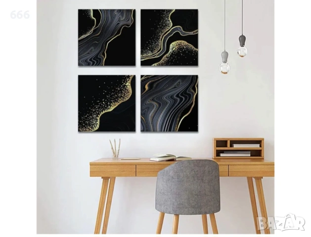 Artscope 4 части Абстрактни стенни картини върху платно - Черен мрамор, златен, плаващ пясък, снимка 8 - Други стоки за дома - 53269170