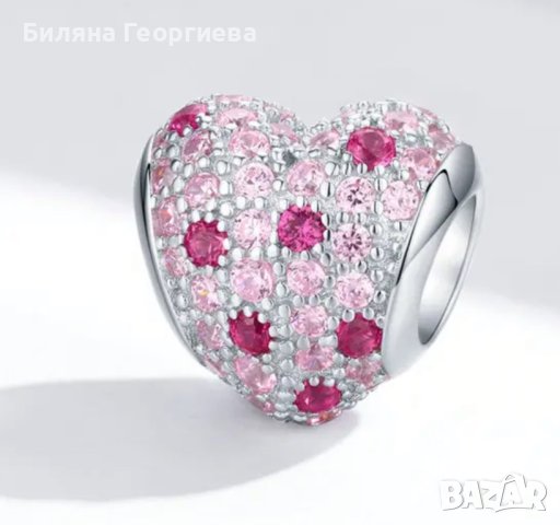 Сребърен талисман за гривна Пандора Сърце розови кристали Модел 085, снимка 2 - Гривни - 43465284