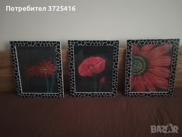 Картини "Цветя", комплект от 3 броя, всяка една с размери 23,5/28,5 см. Рамките са включени в цената, снимка 4 - Картини - 52182077