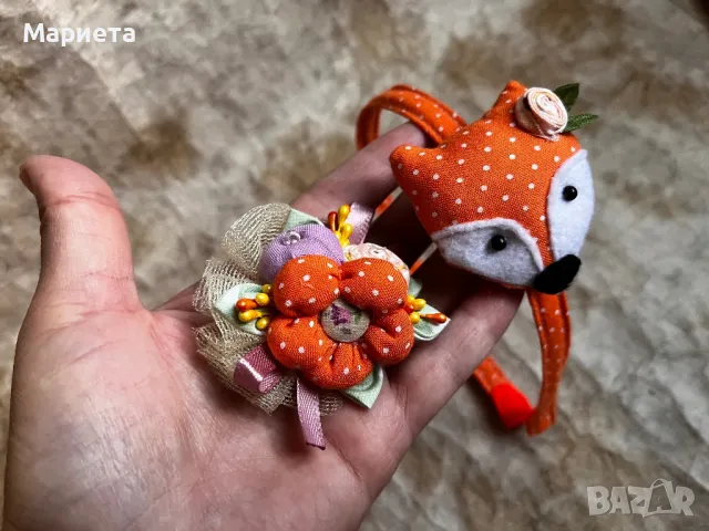 Комплект брошка и диадема с лисица в оранжево Ръчна Изработка Аксесоари , снимка 2 - Аксесоари за коса - 47573166