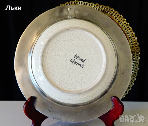 Порцеланова чиния с калаена рамка,цветя. , снимка 5 - Антикварни и старинни предмети - 52344416