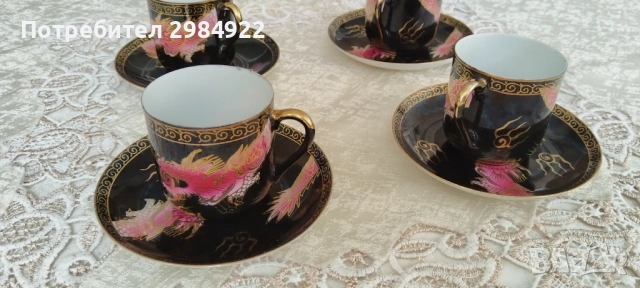 Японски ориенталски комплект за чай с 4 чаши, черно злато и флорален мотив. Декоративен., снимка 2 - Антикварни и старинни предмети - 53442018