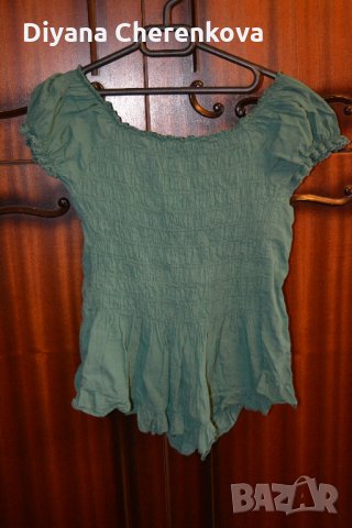Дамска памучна маслено зелена блуза с връзки - като нова, снимка 3 - Тениски - 28723229