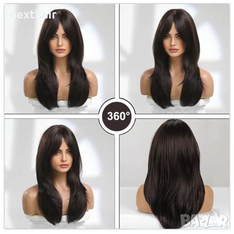 Синтетична тъмно кафява перука - 55 см, средна дължина с бретон и зиг-заг път, снимка 3 - Аксесоари за коса - 52460254