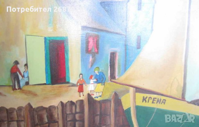 60х80 см. ГОЛЯМА скандинавска картина лодки пристанище, Варна, наивизъм, снимка 2 - Картини - 28950824
