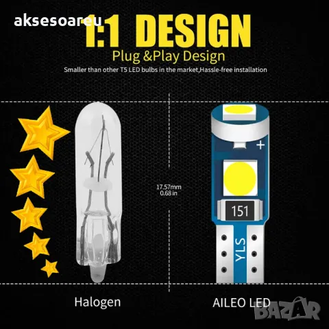 10 бр. малки габаритни крушки за арматурно табло T5 3SMD LED супер ярък 3030 LED вътрешно осветление, снимка 11 - Аксесоари и консумативи - 48602085