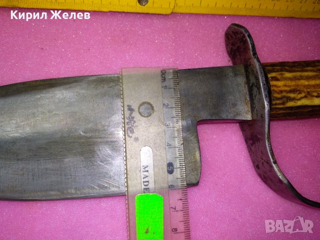 ГОЛЯМ АВТОРСКИ ЛОВЕН НОЖ - САТЪР Майсторски УНИКАТ ДРЪЖКА ЕЛЕНОВ РОГ със СРЕБЪРНА МОНЕТА 1803г 43154, снимка 6 - Ножове - 44115656
