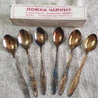 Руски чаени лъжички с двуйклойно покритие от сребро и злато, снимка 1 - Прибори за хранене, готвене и сервиране - 43998690