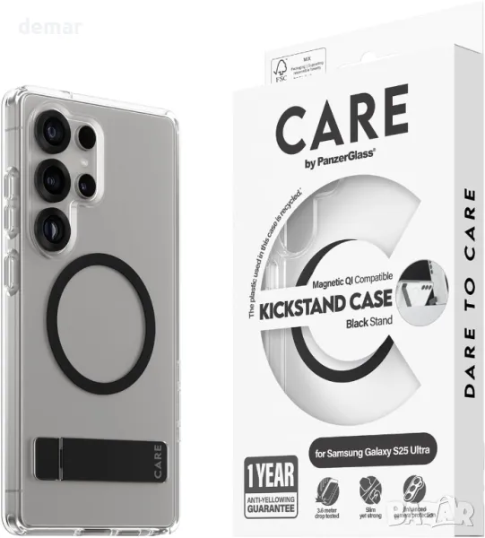 Калъф CARE BY PANZERGLASS с черна стойка за Samsung Galaxy S25 Ultra, Qi и MagSafe, прозрачен, снимка 1