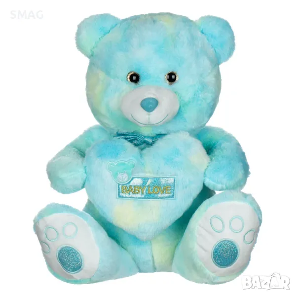 Седнало плюшено мече в синьо-зелен цвят със сърце Baby Love 45 см S_1232223, снимка 1