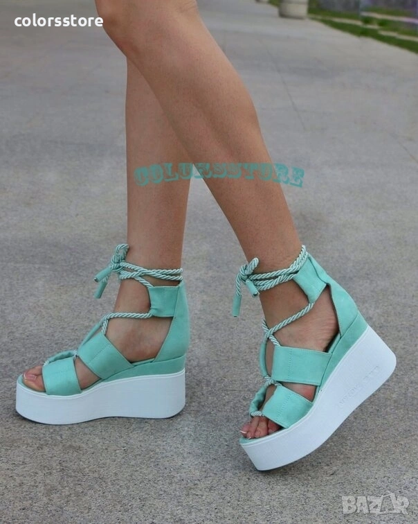 Сандали на платформа - мента велур с бяло ходило - 311, снимка 1