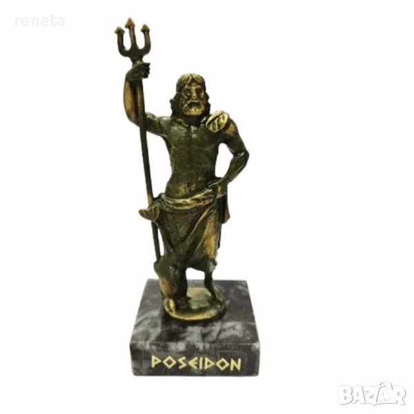 Статуетка Посейдон, Метална, Мраморна основа, Зелена оксидация, 11 см, снимка 1