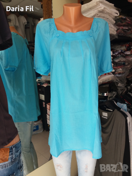 Светлосиня удължена и разкроена блуза/риза  , снимка 1
