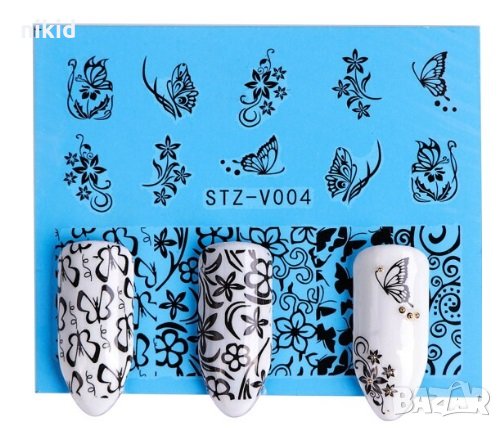 stz-v004 черни пеперуди и цветя слайдер татос ваденки водни стикери за нокти, снимка 1