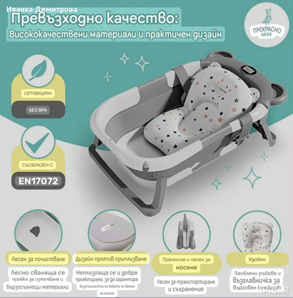 сгъваема бебешка вана с термометър , снимка 1