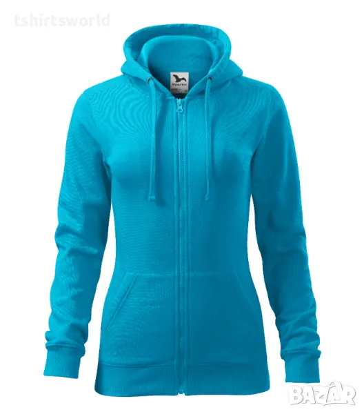 Нов дамски суичър с ЦИП и качулка в тюркоазено син цвят, снимка 1