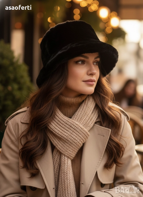 🖤 Елегантна Плюшена Шапка (Bucket Hat) – Черна, Топла и Модна (Есен/Зима), снимка 1