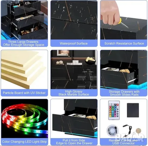 Нощни шкафчета Бял/Черен гланц/мрамор лед LED осветление, 3 чекмеджета, снимка 6 - Шкафове - 48668606