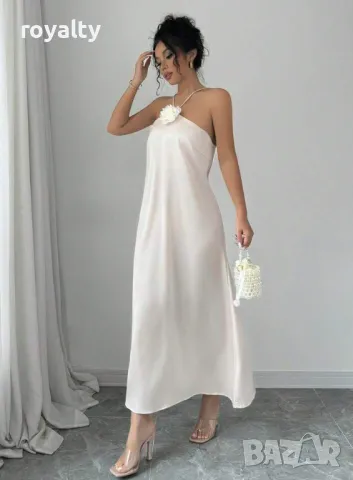 Елегантна сатенена рокля с флорален декор в кайсиев цвят 🥥, снимка 3 - Рокли - 49205532