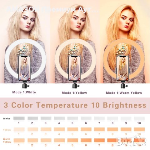 AIXPI 10” LED димируем ринг, трипод/DSLR/държач за телефон/стрийминг/снимане/3 режима/10 нива, снимка 2 - Чанти, стативи, аксесоари - 43375411