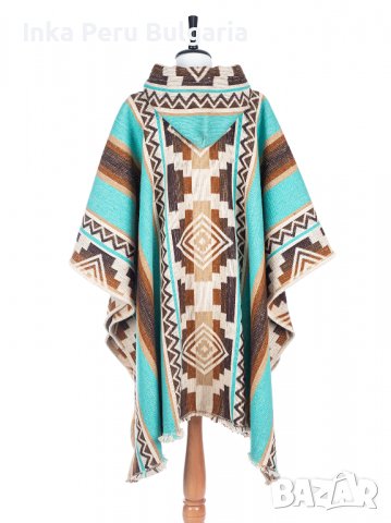  Автентичнo еквадорско унисекс пончо Мапуче, 100% вълна, тюркоазено синьо, снимка 6 - Блузи с дълъг ръкав и пуловери - 37011588
