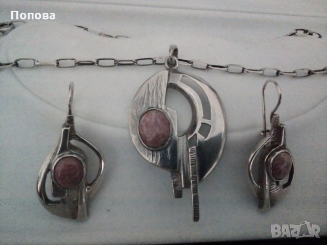 Авторски сребърен масивен комплект с естествен камък - 7/обеци и колие /, снимка 6 - Бижутерийни комплекти - 28310706