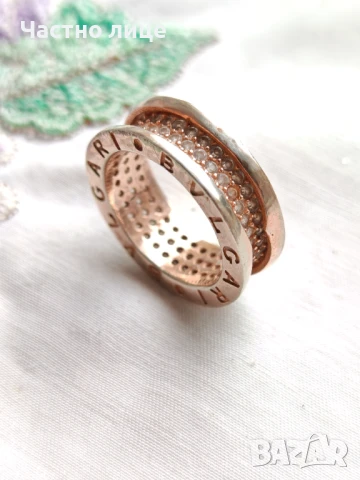 Разкошен Сребърен Позлатен Пръстен BVLGARI с Бели Циркони, снимка 4 - Пръстени - 51296600