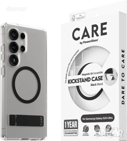 Калъф CARE BY PANZERGLASS с черна стойка за Samsung Galaxy S25 Ultra, Qi и MagSafe, прозрачен, снимка 1 - Калъфи, кейсове - 49275530