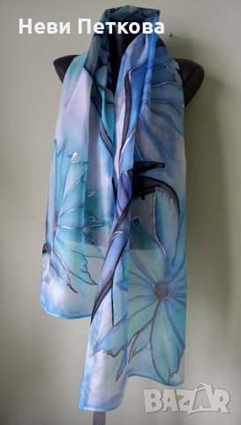 Рисуван копринен шал ЛАЗУРНО, снимка 4 - Шалове - 35617568