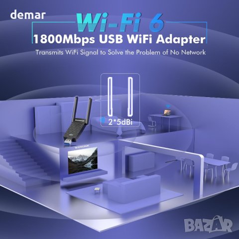 WiFi6 адаптер 1800Mbps двулентов 2,4 GHz и 5,8 GHz, USB3.0, снимка 2 - Кабели и адаптери - 43101071