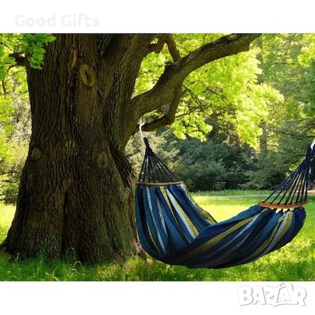 Хамак , С дървена летва, 200х80 см, Капацитет 120 кг, Син/зелен, снимка 5 - Къмпинг мебели - 38118521