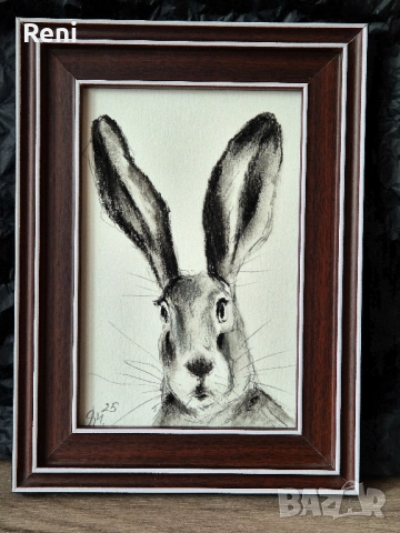 Заек, картина въглен, миниатюра, снимка 2 - Картини - 51740402