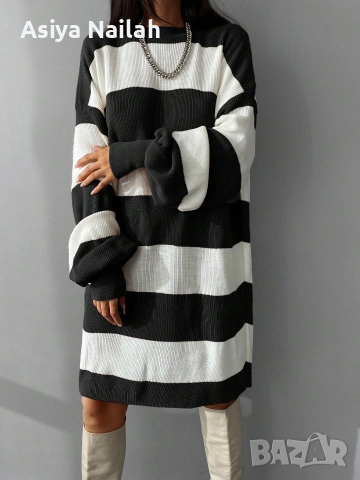 Дамска плетена туника oversize – черно/бяло райе, снимка 4 - Туники - 52795287