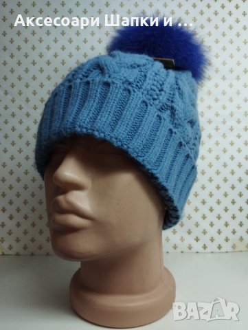 Дамска плетена шапка с естествен косъм лукс- мпш41, снимка 1 - Шапки - 43302182